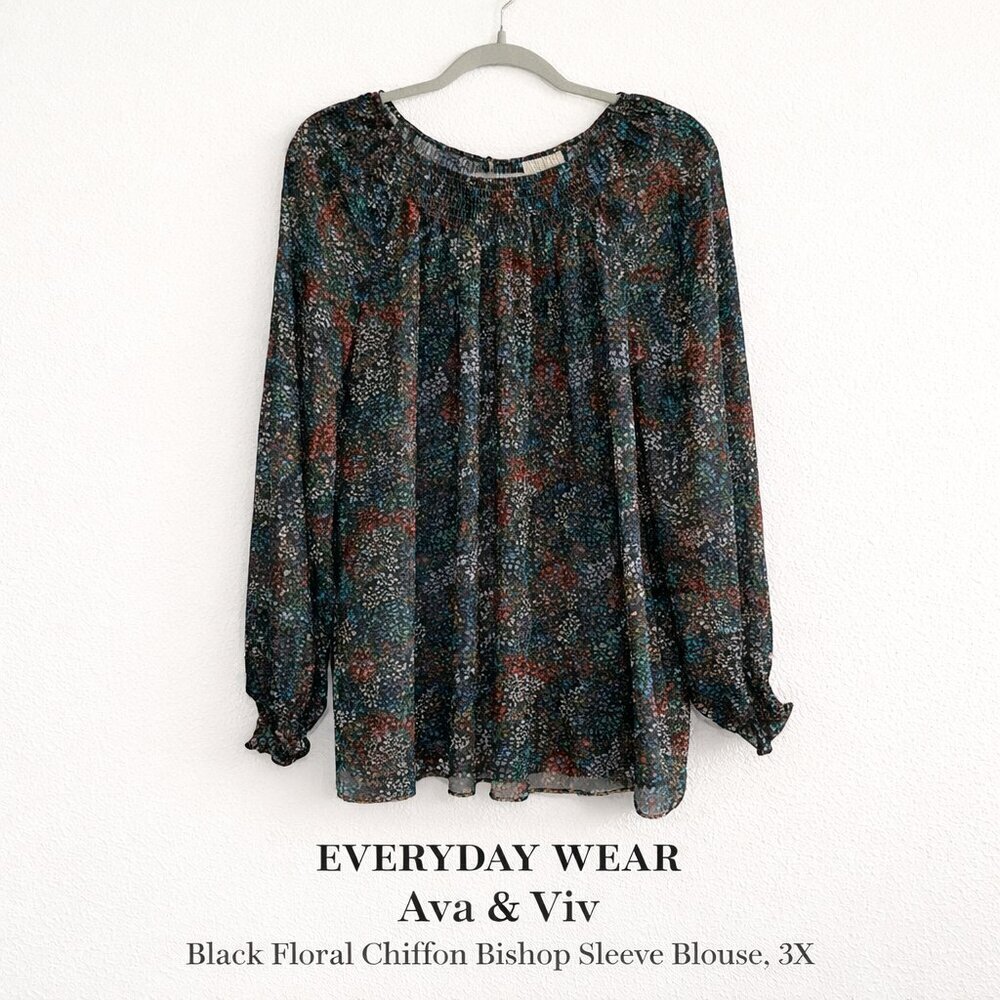 Ava & Viv 3X Black Floral Chiffon Blouse Lined Bishop Sleeve Smocked Neck